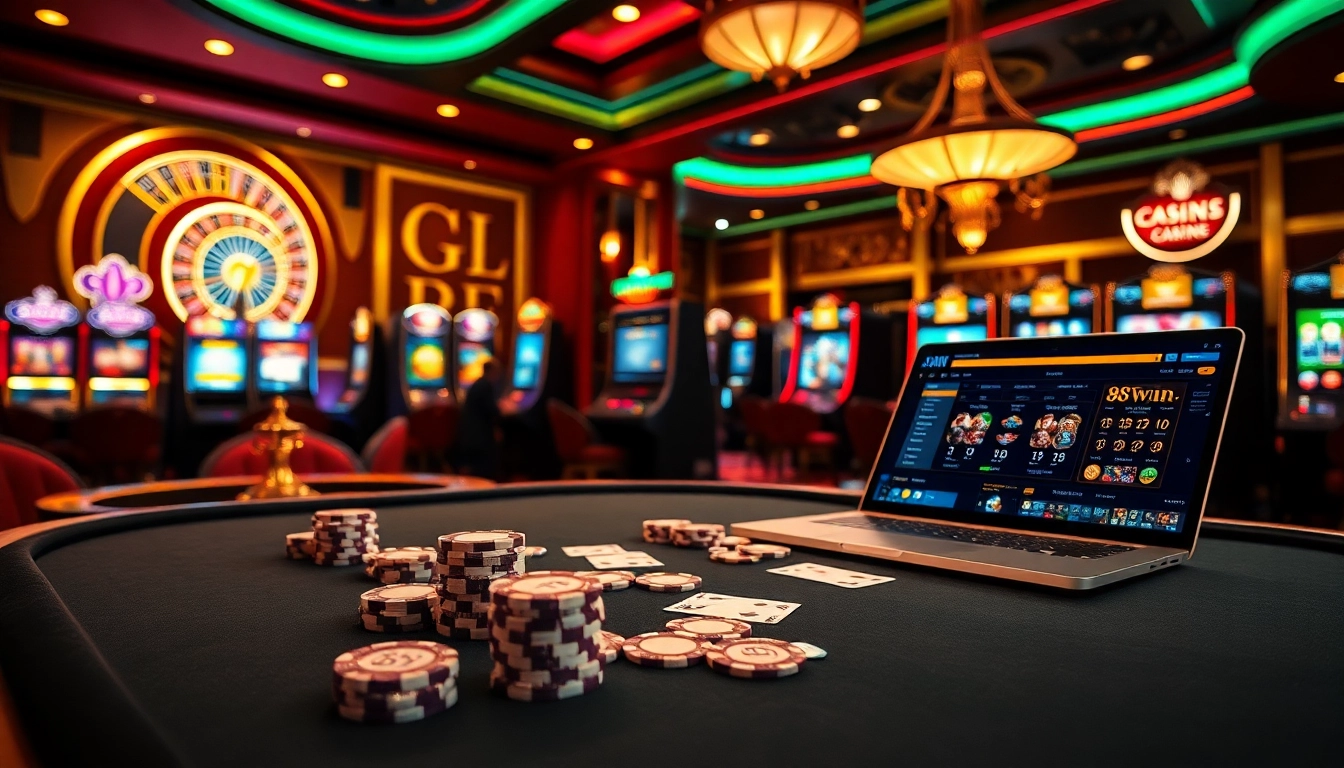 Experience the thrill of winning at "98 win" with vibrant poker scenes and luxurious casino details.