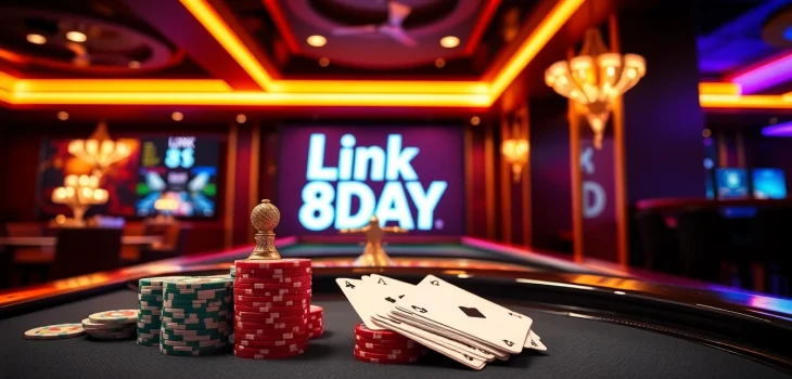 Experience thrilling gameplay at Link 8DAY with poker chips and roulette in a vibrant casino atmosphere.
