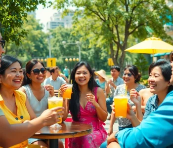 Nắng Cực: Vibrant urban scene capturing joy and summer vibes with people enjoying outdoor activities in Vietnam.