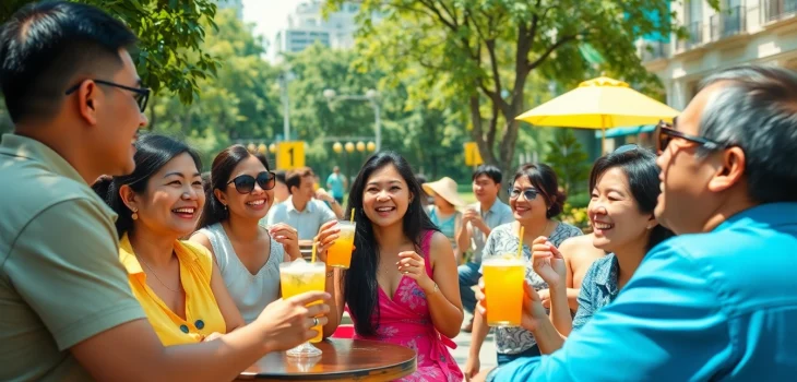 Nắng Cực: Vibrant urban scene capturing joy and summer vibes with people enjoying outdoor activities in Vietnam.