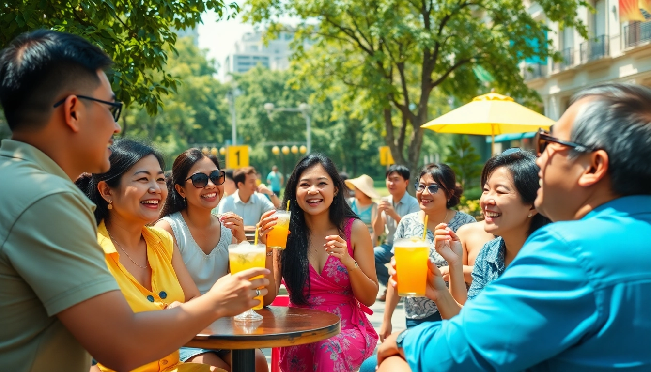 Nắng Cực: Vibrant urban scene capturing joy and summer vibes with people enjoying outdoor activities in Vietnam.