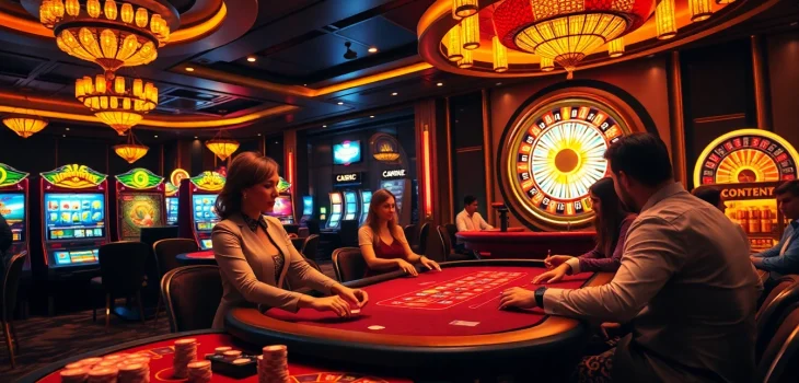 Exciting casino atmosphere highlighting mm88 report with poker tables and vibrant slot machines.