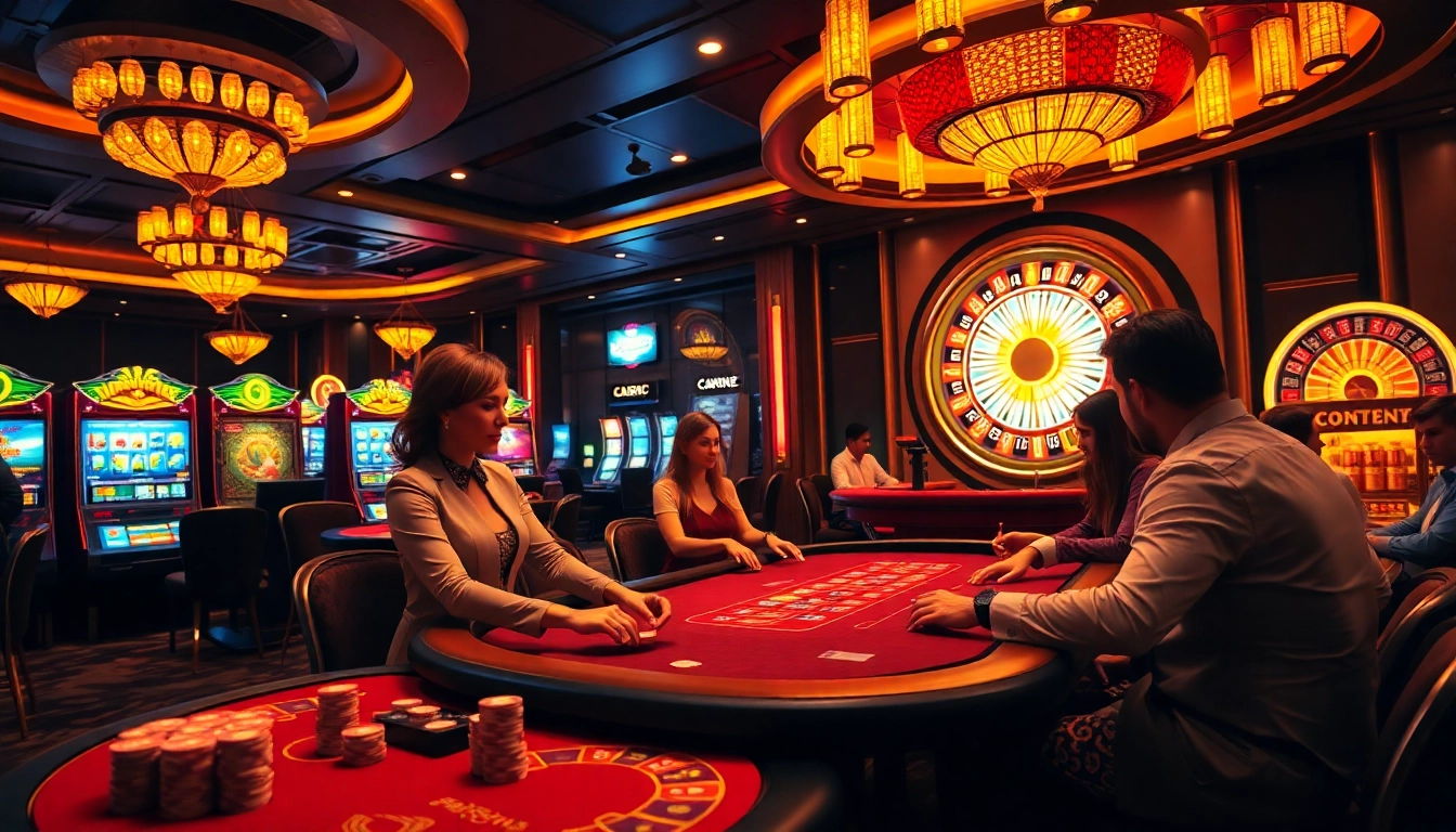 Exciting casino atmosphere highlighting mm88 report with poker tables and vibrant slot machines.