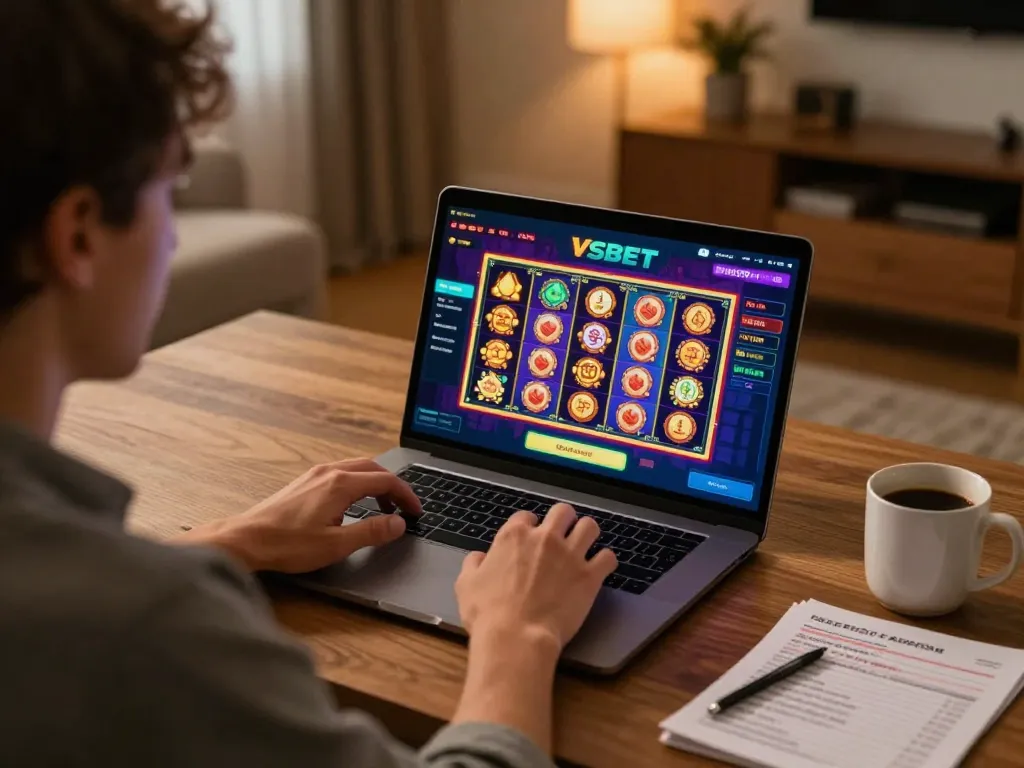 A player enjoys immersive vsbet gaming experience on a laptop in stylish home office.