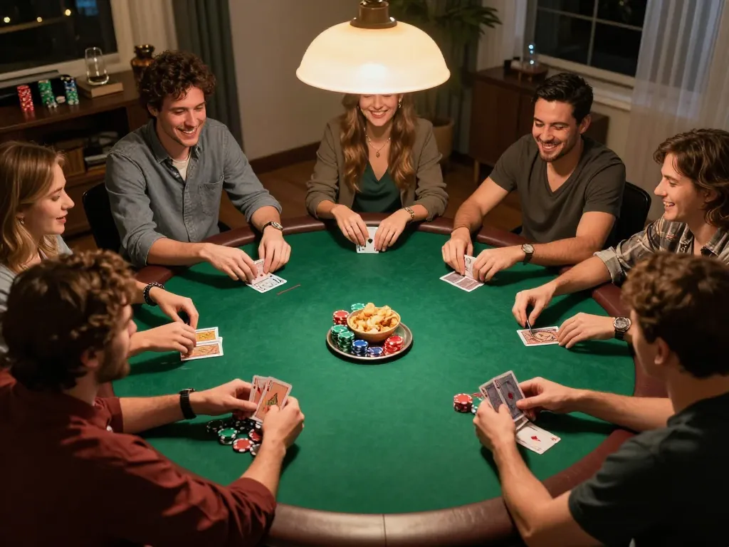 A group of friends enjoying a poker game at home, showcasing CM88 strategies and camaraderie for a fun gambling experience.