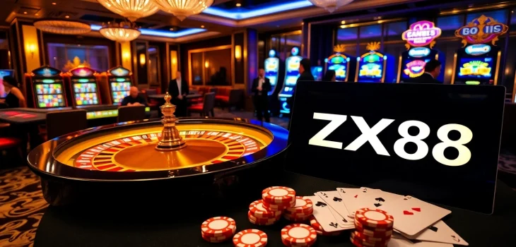 Experience luxury gambling at ZX88 with an elegant casino scene featuring roulette and slot machines.