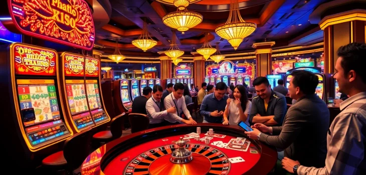 Players enjoying table games and slots at NOHU90 online casino, exuding excitement and engagement.