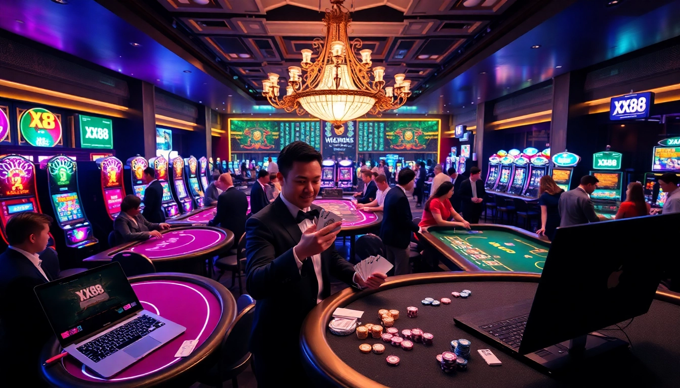 Intense gameplay at XX88 casino with vibrant tables, slot machines, and engaged gamblers.