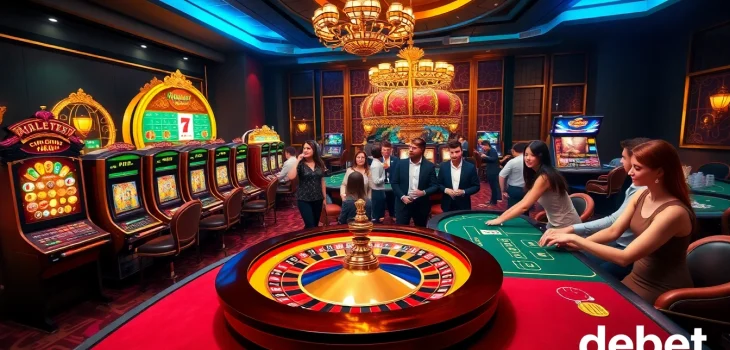 Engage in thrilling gameplay at https://debet.jp.net/ with vibrant casino visuals showcasing slots and Roulette.
