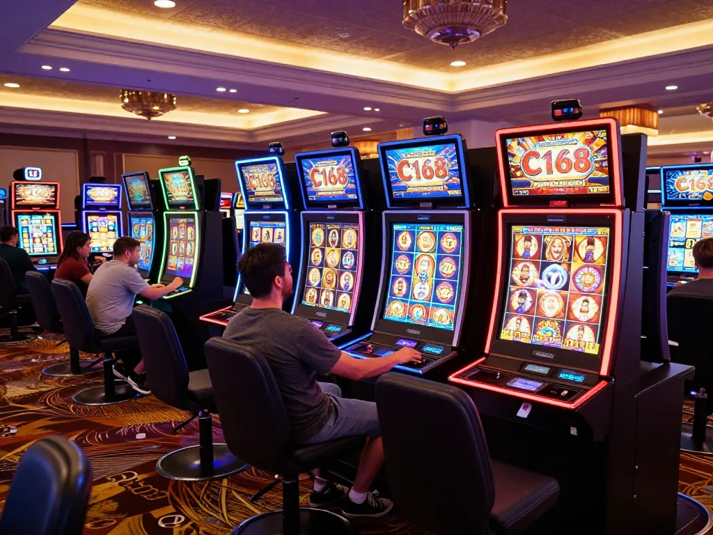 C168 players celebrating wins at vibrant slot machines in a lively casino gaming environment