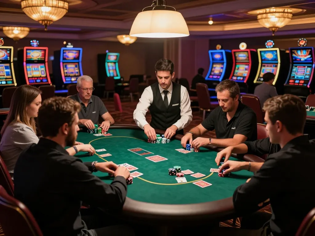 Players strategizing their bets at LV88 poker table in an upscale casino environment