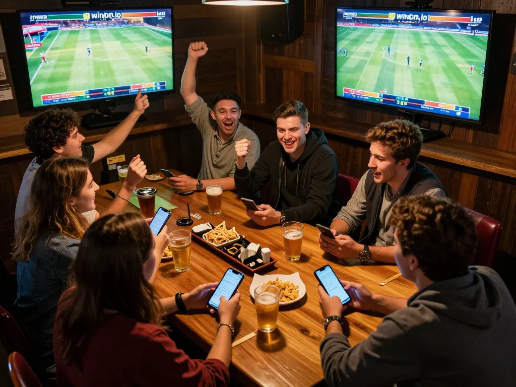 Friends placing bets on Winbd.io while watching live sports matches in a vibrant sports bar atmosphere.