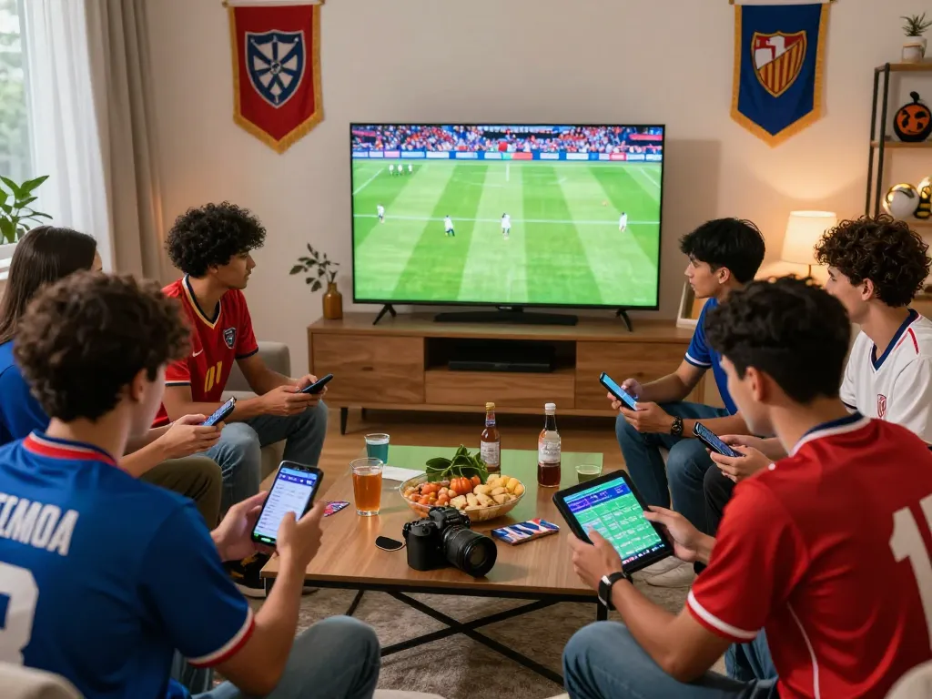 Friends enjoying kèo nhà cái while watching football match live in a cozy living room.