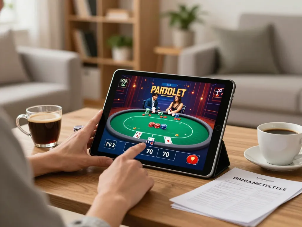 Engaging poker game experience on https://lc88.jpn.com/ with a player using a tablet in a cozy setting.