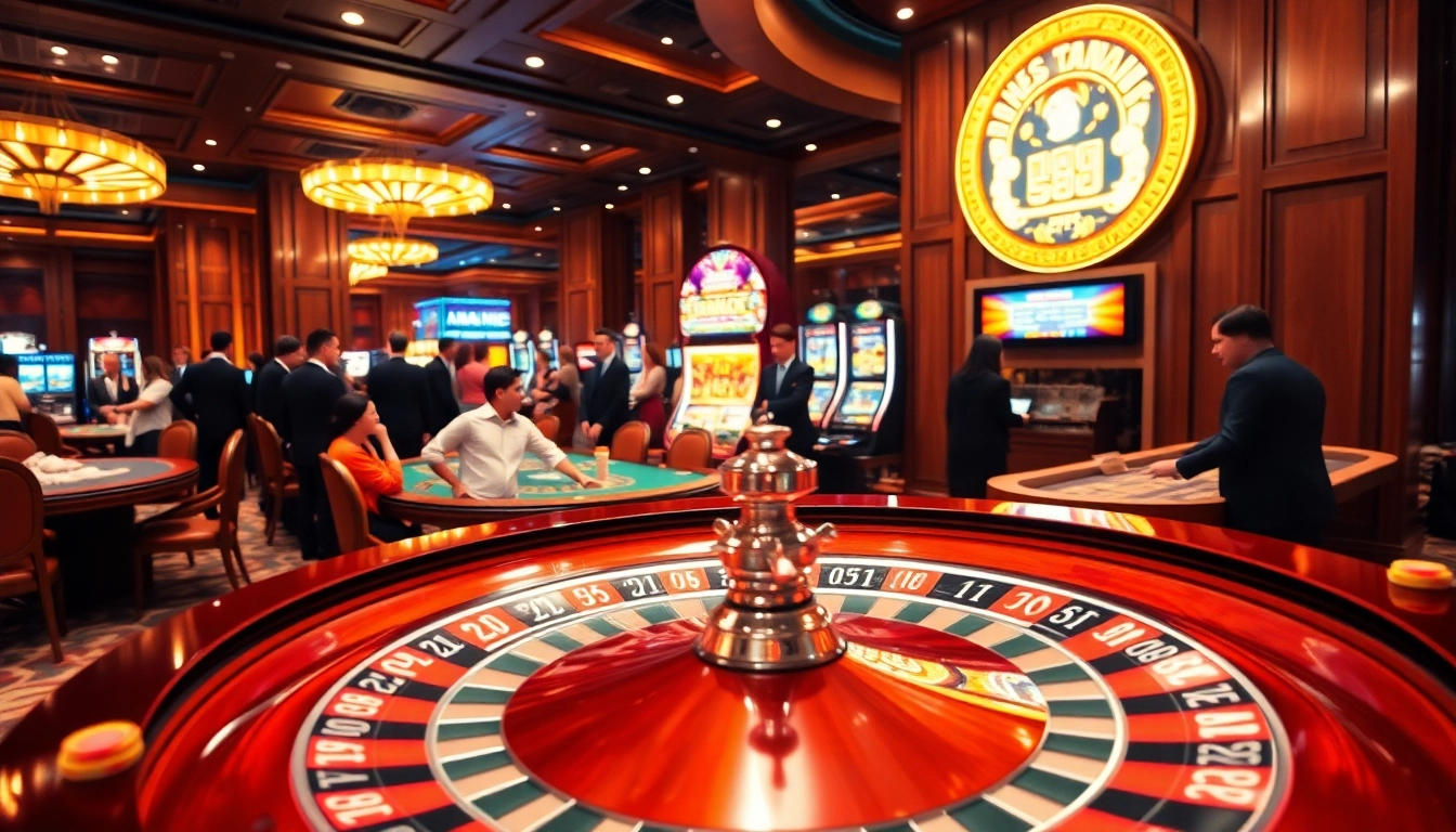 Players enjoying a thrilling game at Nhà Cái SC88 casino, surrounded by roulette wheels, poker tables, and vibrant slot machines.