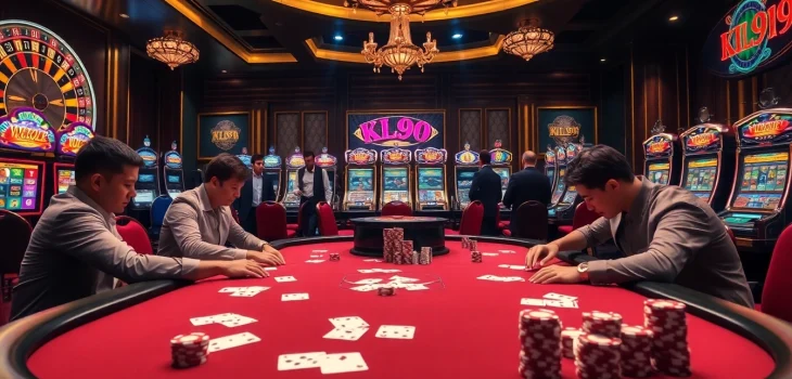 Players engaged in a strategic poker game featuring kl99-themed chips and cards.