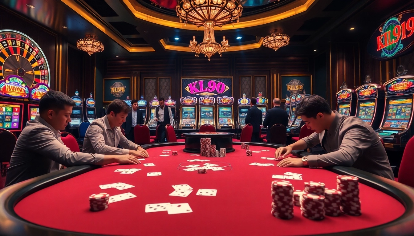 Players engaged in a strategic poker game featuring kl99-themed chips and cards.