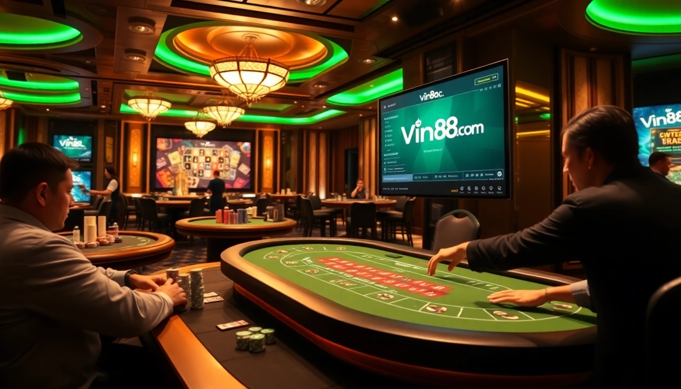 Experience thrilling action at vin88ac.com with players enjoying blackjack and vibrant casino decorations.