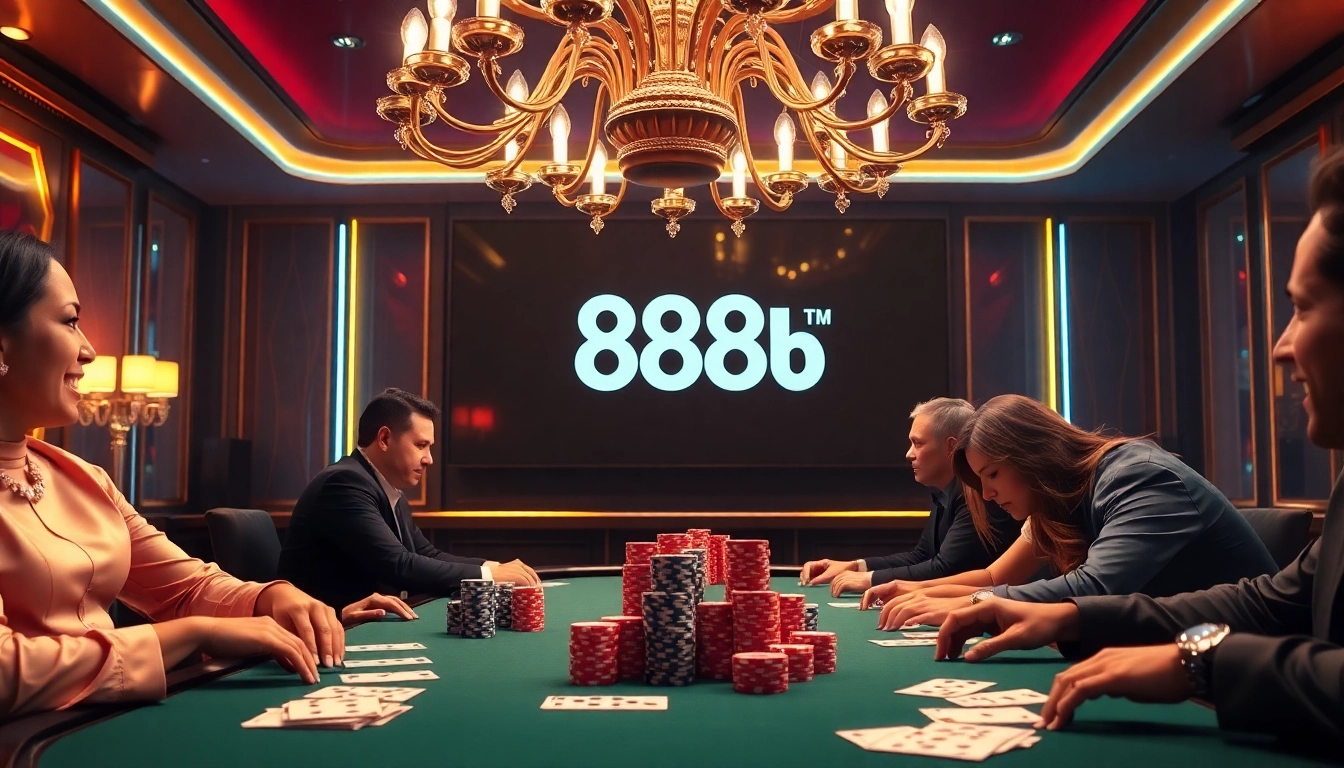 Experience the luxury of winning at the 888b casino with a high-stakes poker table and vibrant atmosphere.