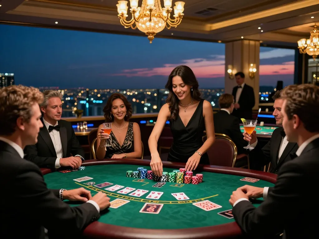 Players engaging in strategic blackjack gameplay at Ok9 casino rooftop, luxurious atmosphere.