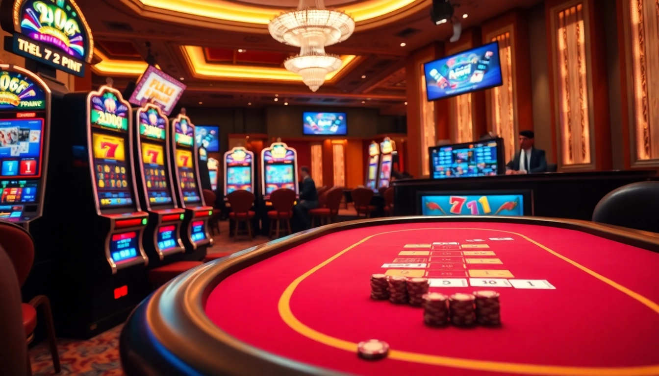 Engage in thrilling online gambling with ee88 amid luxurious casino visuals featuring vibrant slot machines and poker tables.