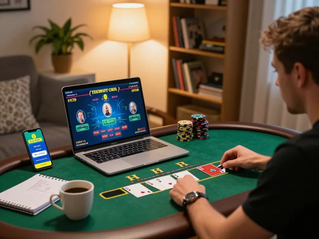 Player utilizing EE88 to strategize for live dealer blackjack at home, showcasing engaging gaming experience.