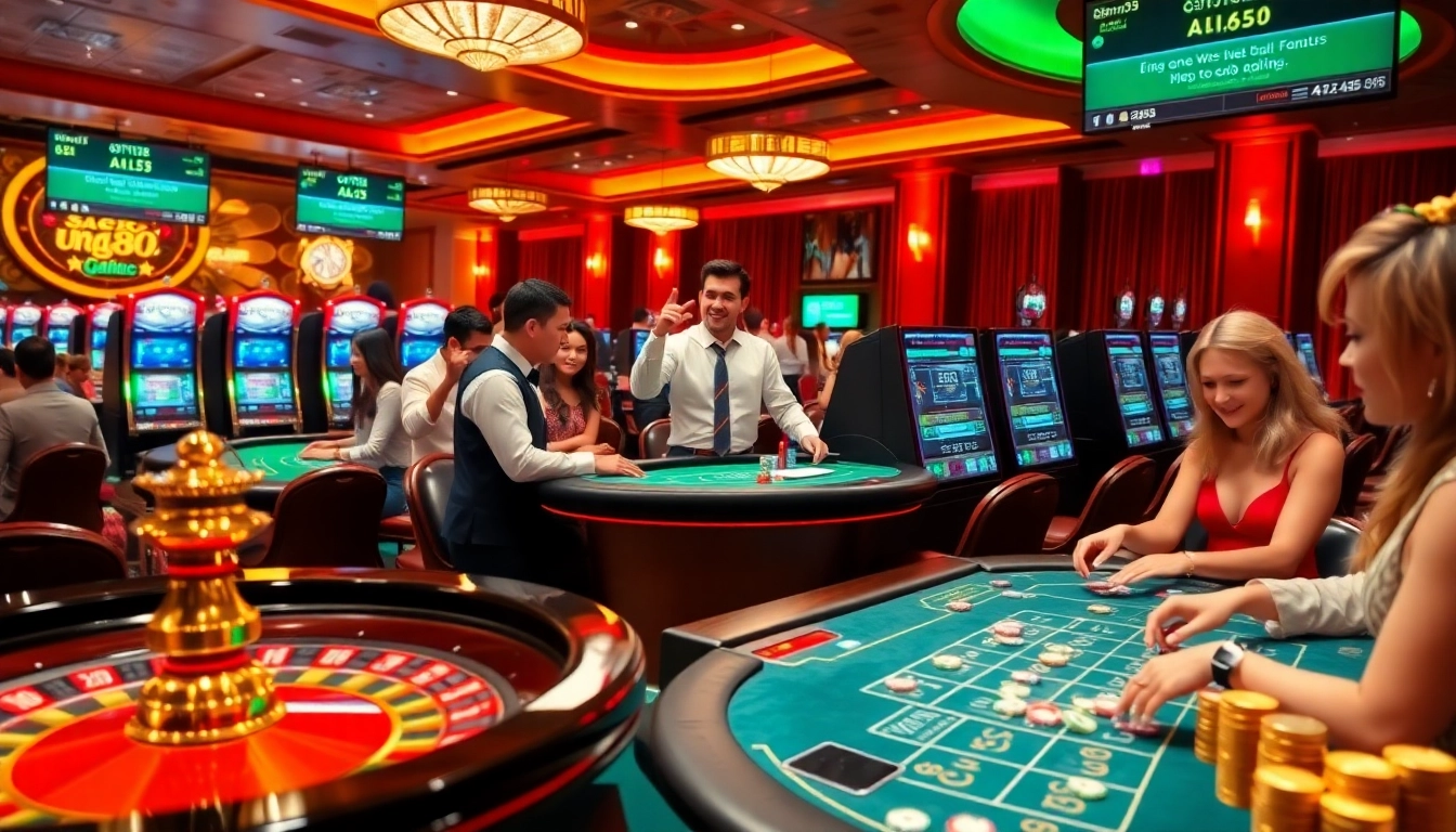 An exciting casino scene featuring players engaging at tables, displaying elements from https://mm88.agency/ for a thrilling gambling experience.