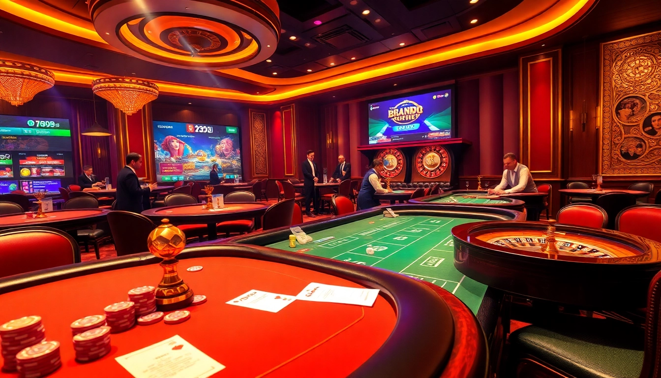 Exciting gambling scene showcasing nhà cái 789p with luxury casino tables, roulette wheel, and vibrant gameplay.