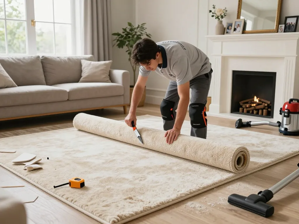 Professional carpet fitters near me installing soft carpet in a modern living room with natural light.