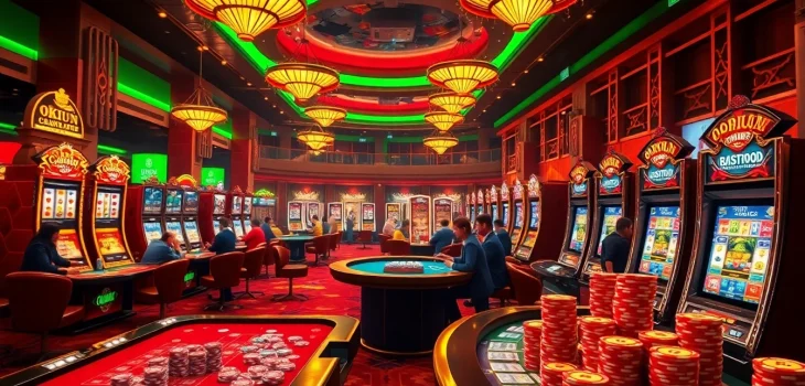 Engage in thrilling Okfun games with luxurious casino visuals featuring vibrant slots and gaming tables.