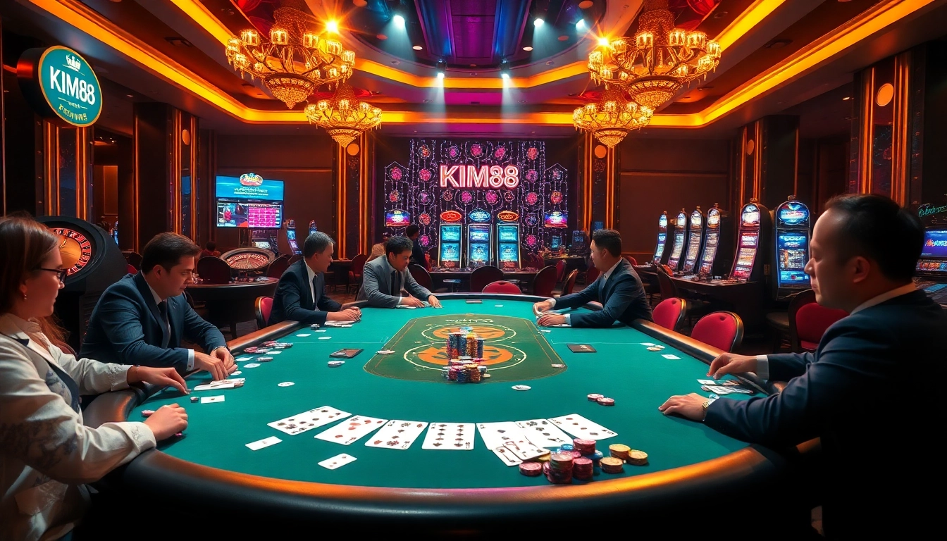 KIM88 poker table scene filled with excitement and luxury, showcasing vibrant chips and cards.