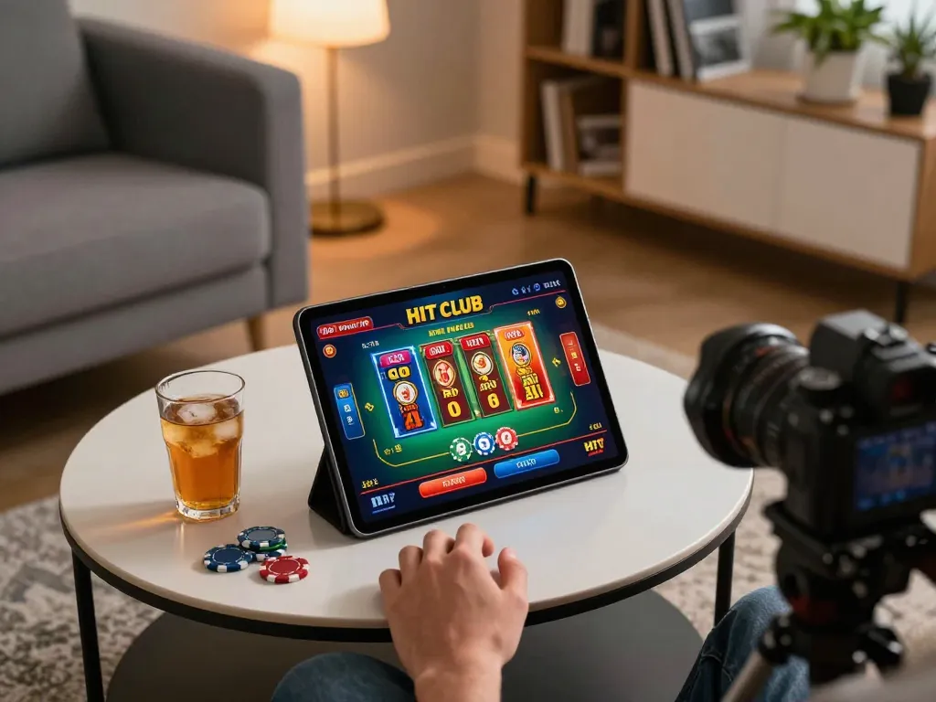 Engaging with the HIT CLUB casino app on a tablet in a cozy, well-lit living room, reflecting responsible online gaming.