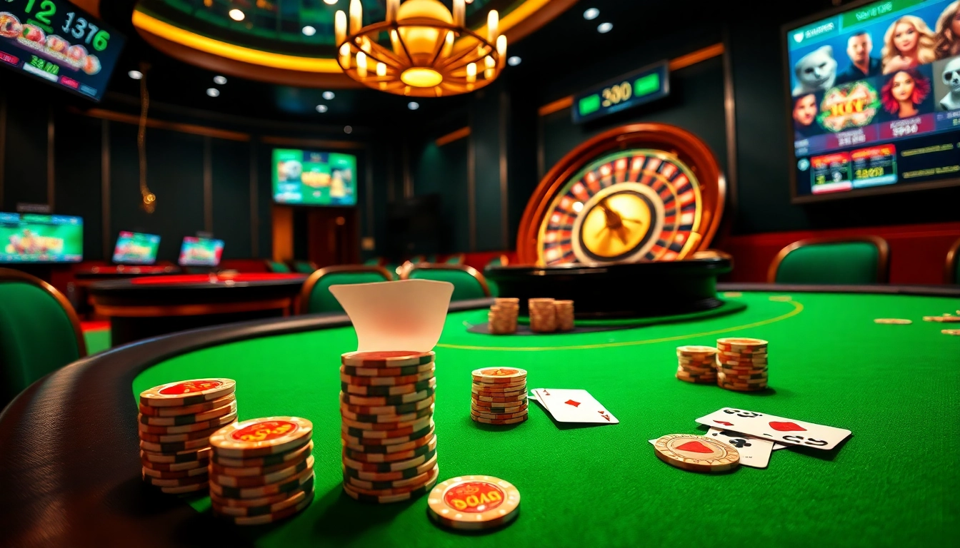 Betting at https://8xx.golf/ with vibrant poker tables and glowing chips in a lively casino scene