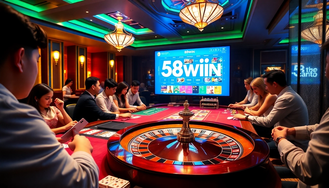Engaged players enjoying the thrilling games of 58win at a luxury casino.