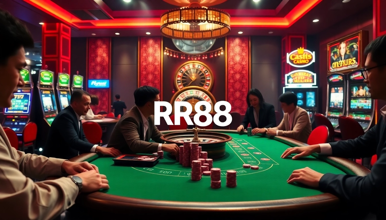 Experience the excitement of gaming at RR88 with a thrilling poker table and vibrant casino atmosphere.