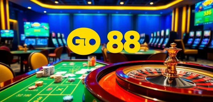 Go 88 players enjoying a vibrant casino atmosphere with poker chips and roulette highlights.