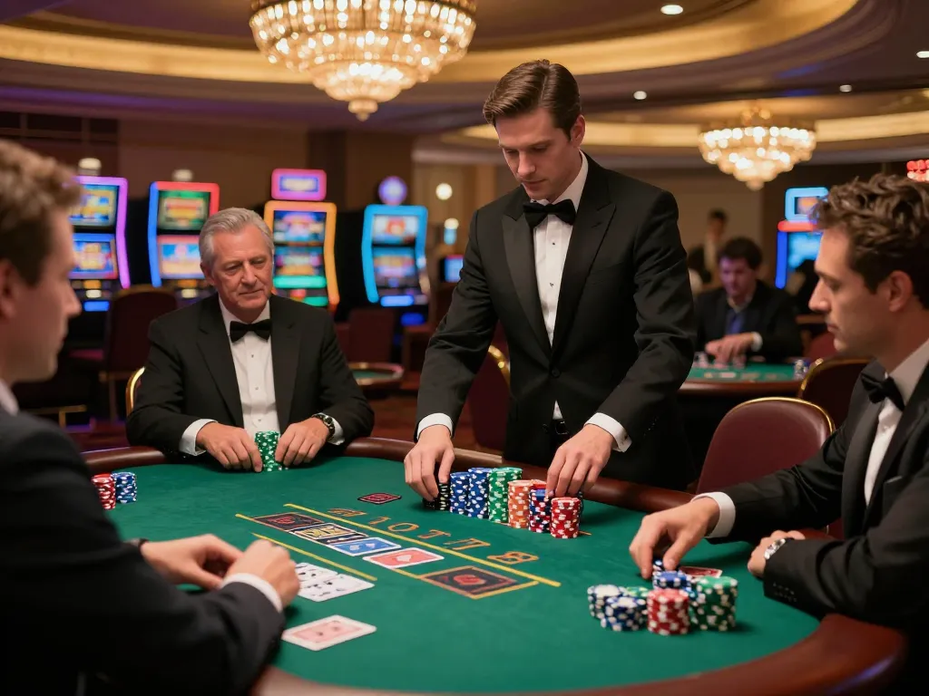 Players placing bets at a blackjack table during action-packed gameplay at https://9bet.works/ in an upscale casino.