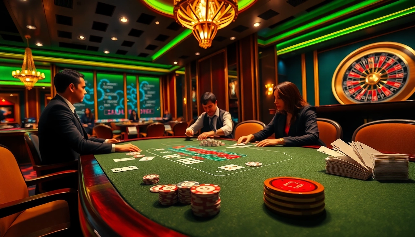 Action-filled poker game at F168 casino with professional dealers and vibrant atmosphere.