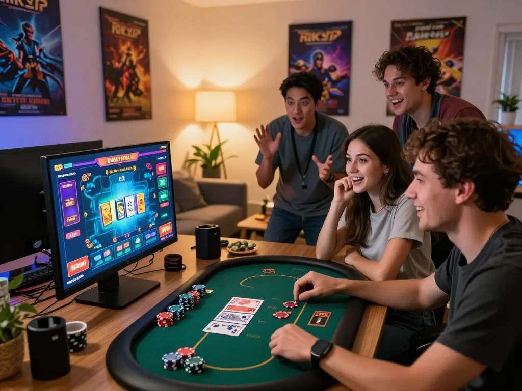 Friends enjoying an exciting game session on Rikvip online platform in a cozy living room.