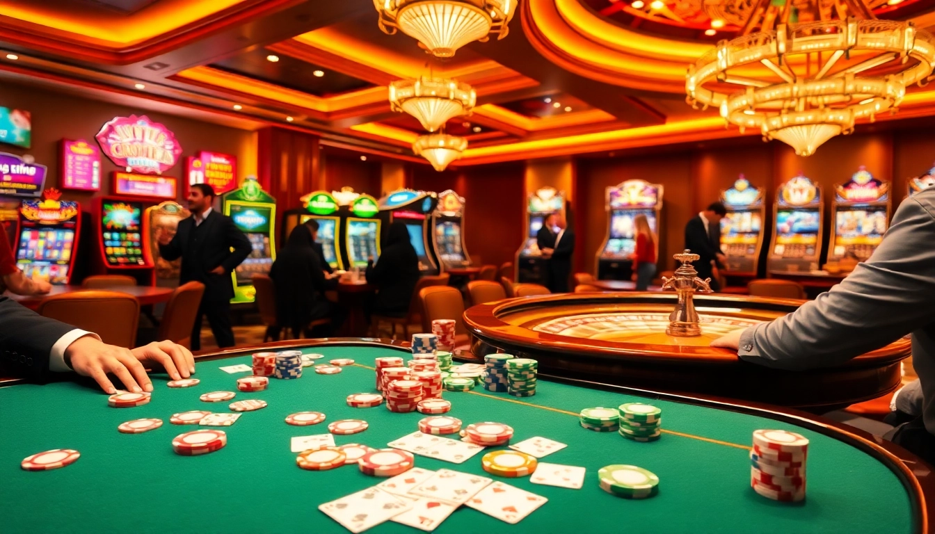 Experience thrilling games at okfun.com with vibrant casino scenes featuring poker and roulette.