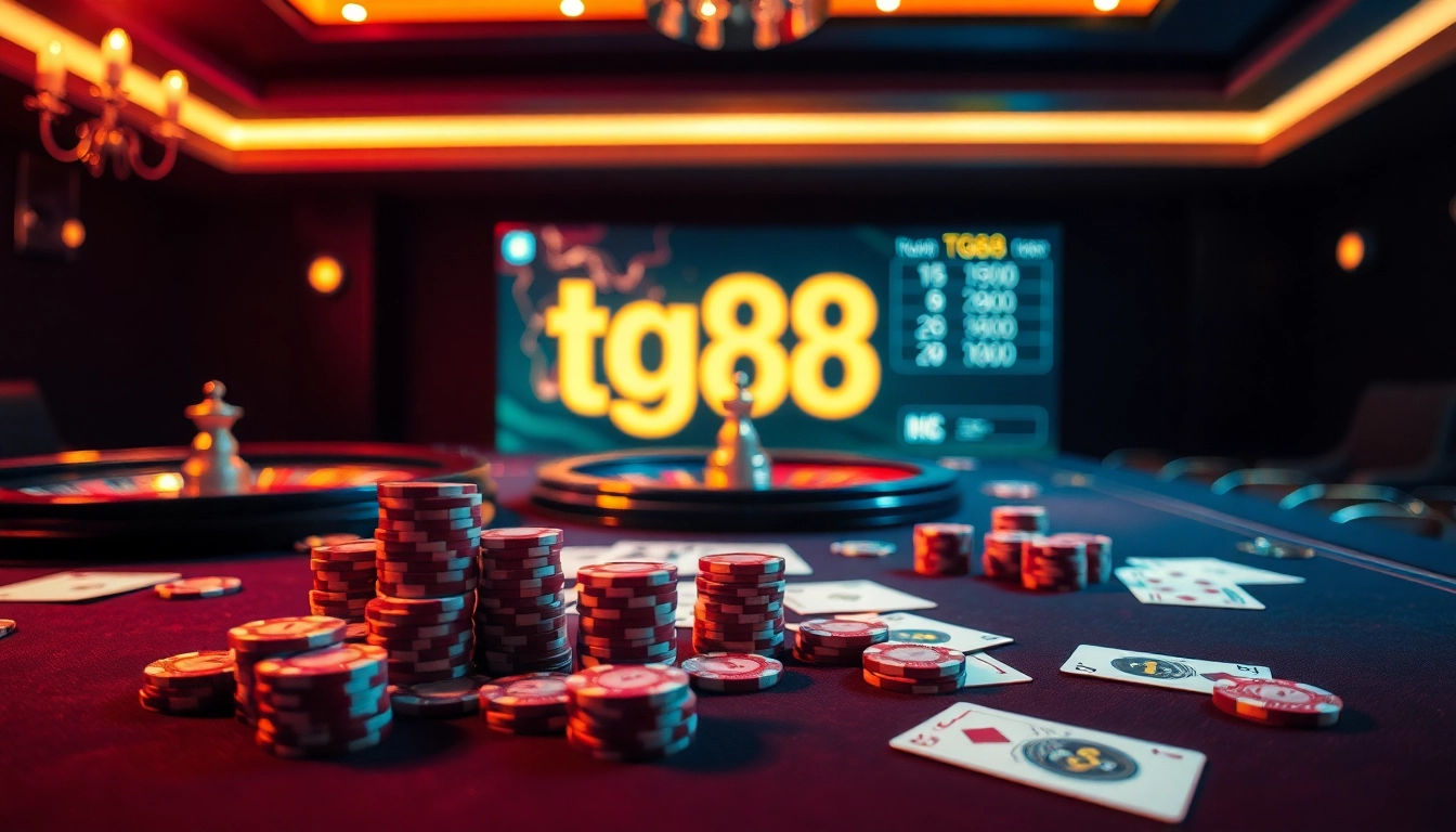 Experience the luxury of nhà cái tg88 with an elegant casino table featuring poker chips and cards.