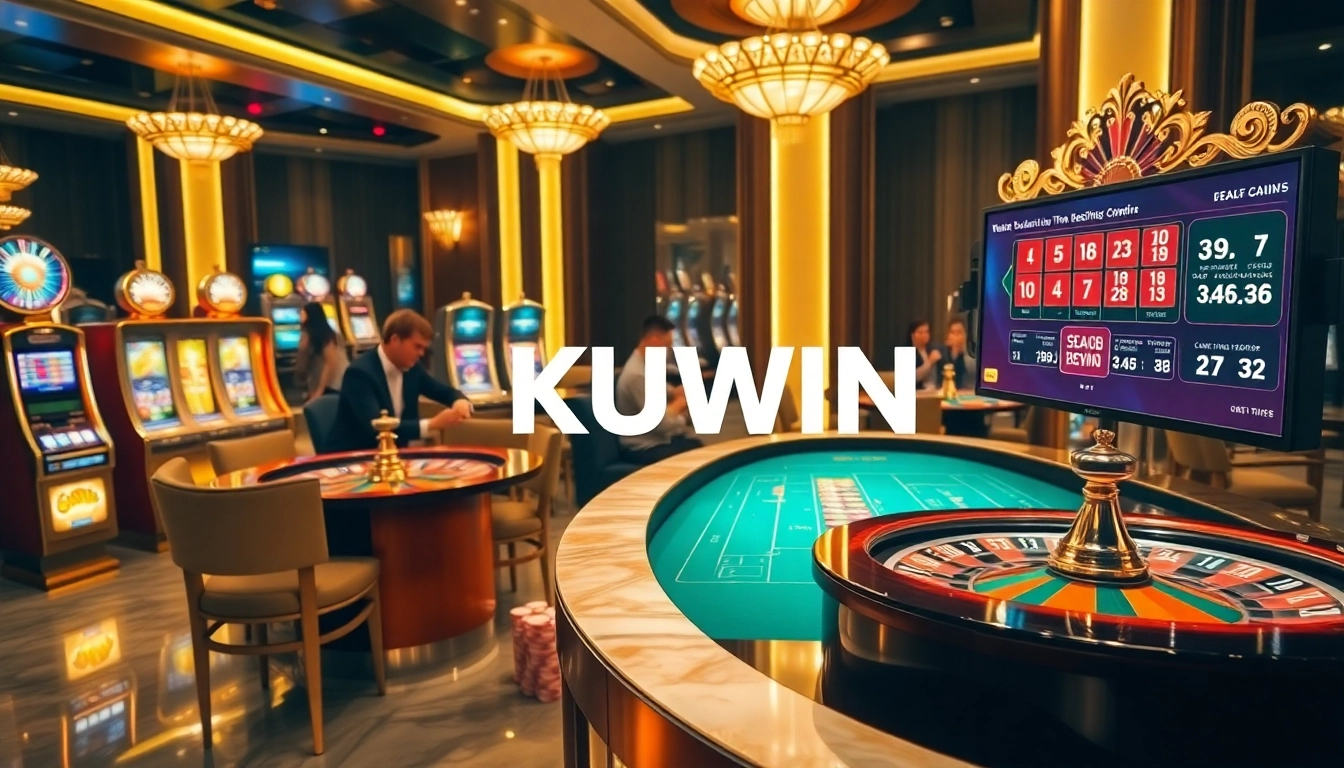 Players experiencing the thrill of KUWIN online casino with vibrant poker chips and slot machines.