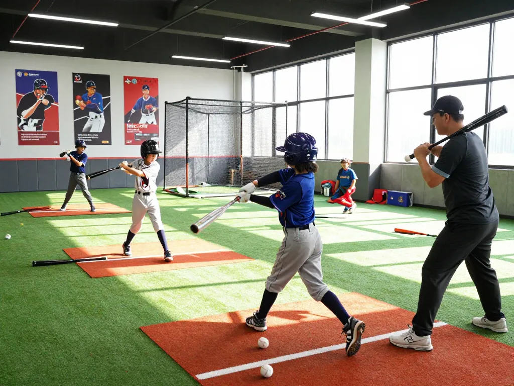 Young athletes training at hitclub indoor facility, focusing on baseball skills with professional guidance.