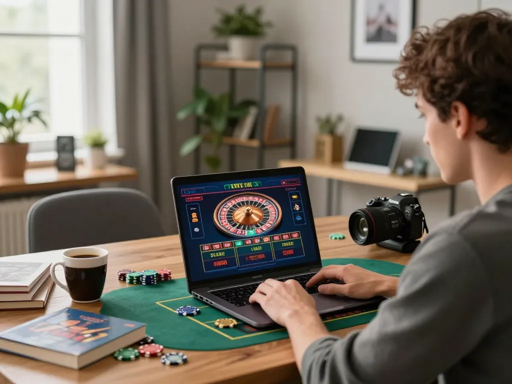 Engaging online gaming session with fabet casino app showing roulette wheel and betting options in a cozy home setting
