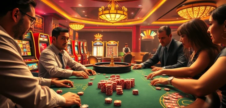 Exciting poker game scene depicting kqbd with vibrant casino elements and high-stakes players.