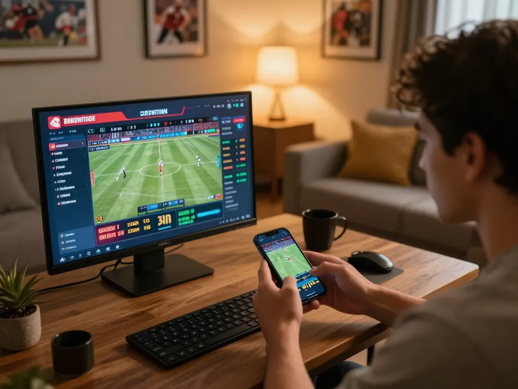FB88 user engaging with sports betting on smartphone in a cozy living room setting.