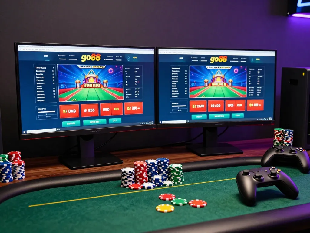 Gambling enthusiast enjoying go88 casino gaming on dual monitors in a modern home setup