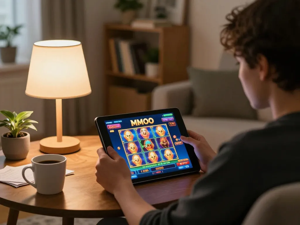 Engaged player using MMOO app for online gaming in a cozy home setup.