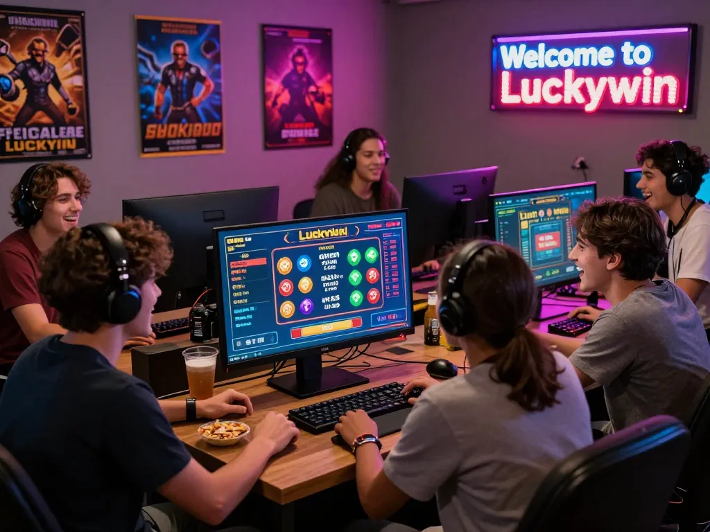 Friends enjoying a lively online gaming experience on Luckywin platform, engaging with colorful digital casino games.
