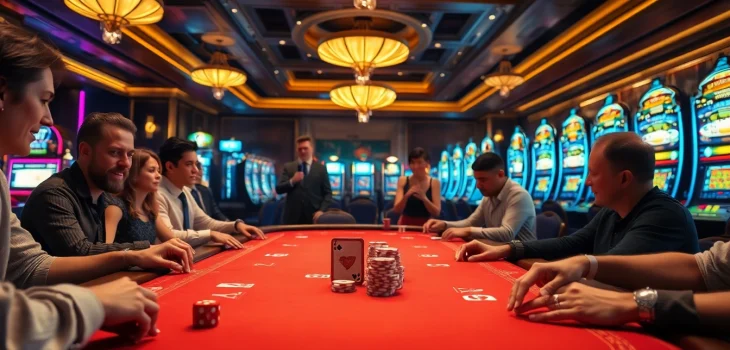 LC88 gaming table filled with poker chips and cards, showcasing excitement in a luxurious casino setting.